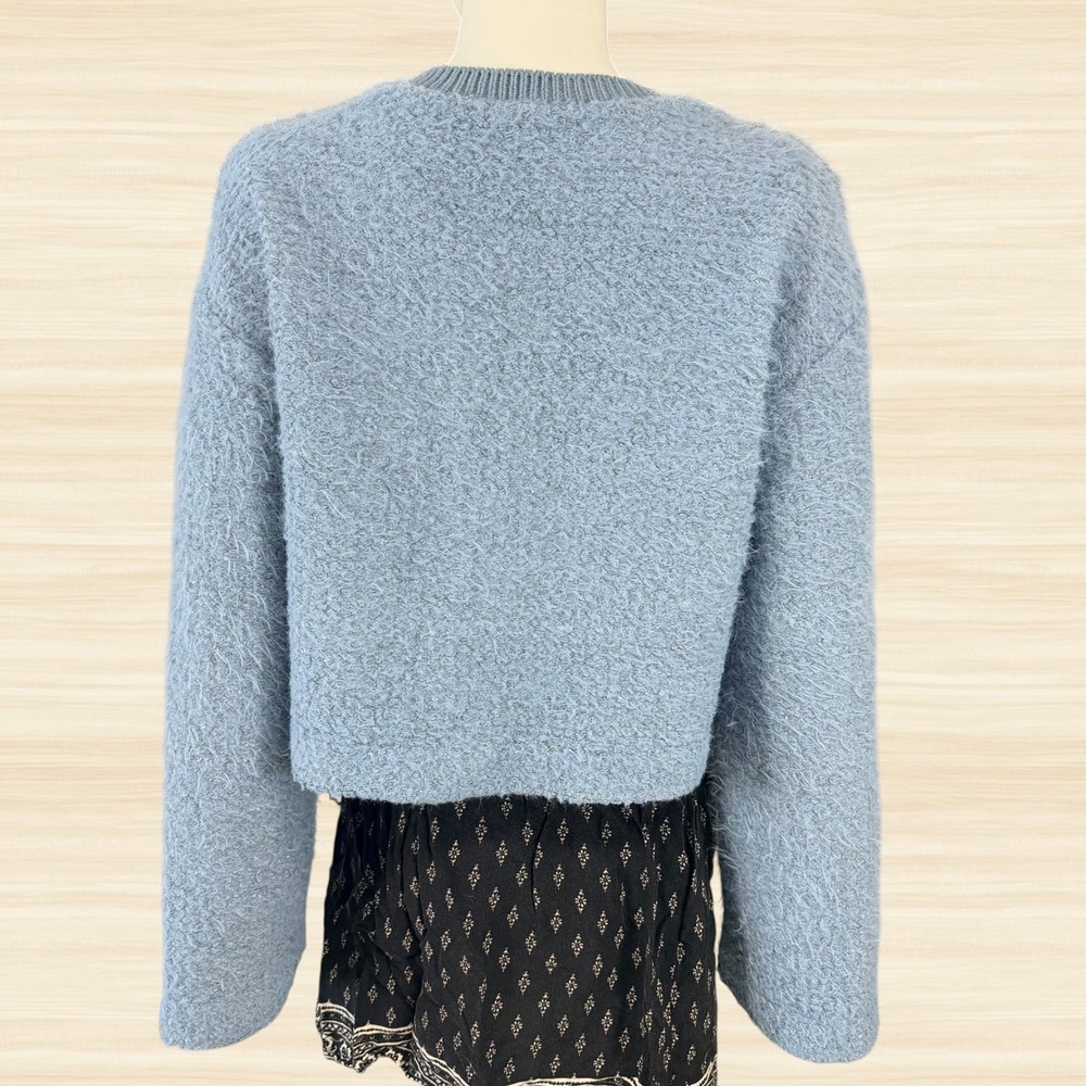 Zara Blue Fuzzy Knit Cropped Sweater Metallic Shimmer Wide Sleeve Pullover M - Picture 4 of 7